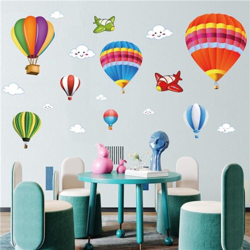 Removable Creative 3D Hot airBalloon Aircraft &Smile Clouds WallDecals Kids room
